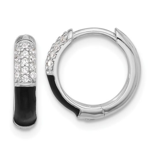Sterling Silver Flash Platinum-plated CZ with Black Enamel In Out Hoop Earrings