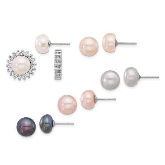 Rhodium-plated Sterling Silver 7-8mm Multicolor FWC Pearl 1 CZ Jackets and 5 Post Earrings