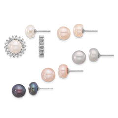 Rhodium-plated Sterling Silver 7-8mm Multicolor FWC Pearl 1 CZ Jackets and 5 Post Earrings