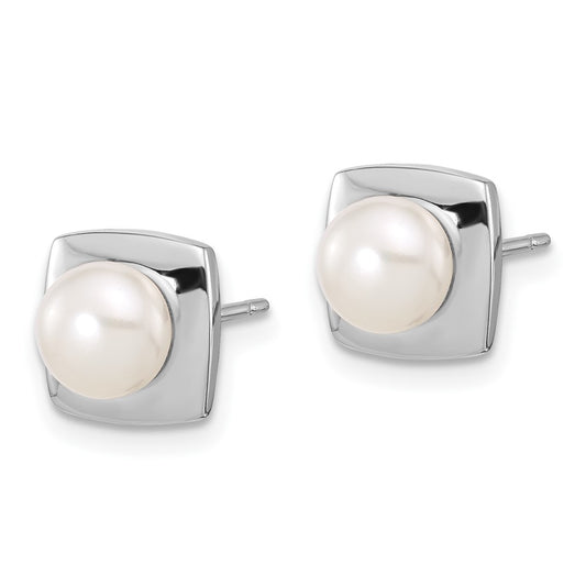 Rhodium-plated Silver 6-7mm White FWC Pearl Square Post Earrings
