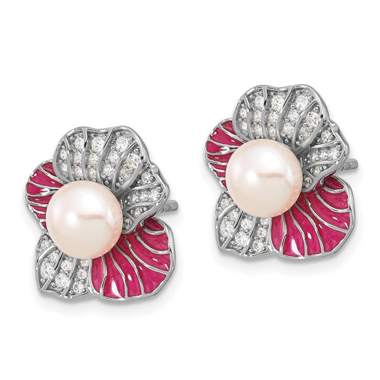 Rhodium-plated Silver Pink Enamel 6-7mm FWC Pearl CZ Flower Earrings