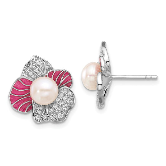 Rhodium-plated Silver Pink Enamel 6-7mm FWC Pearl CZ Flower Earrings