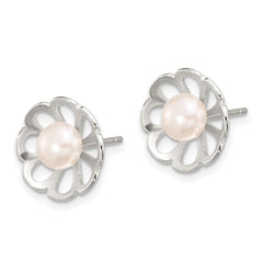 Sterling Silver Polished Flower FWC Pearl Post Earrings