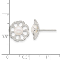 Sterling Silver Polished Flower FWC Pearl Post Earrings