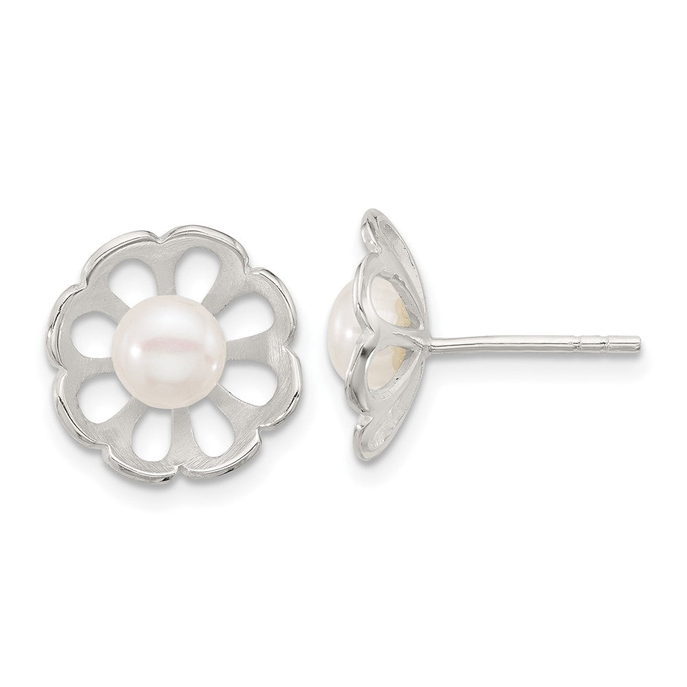 Sterling Silver Polished Flower FWC Pearl Post Earrings