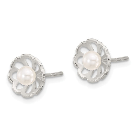 Sterling Silver Polished Flower FWC Pearl Post Earrings