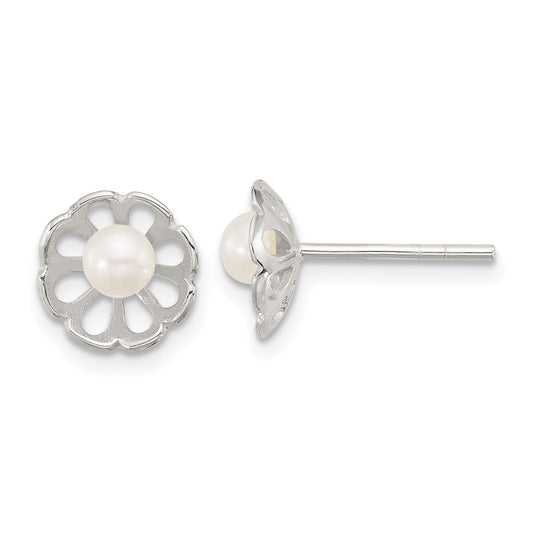 Sterling Silver Polished Flower FWC Pearl Post Earrings