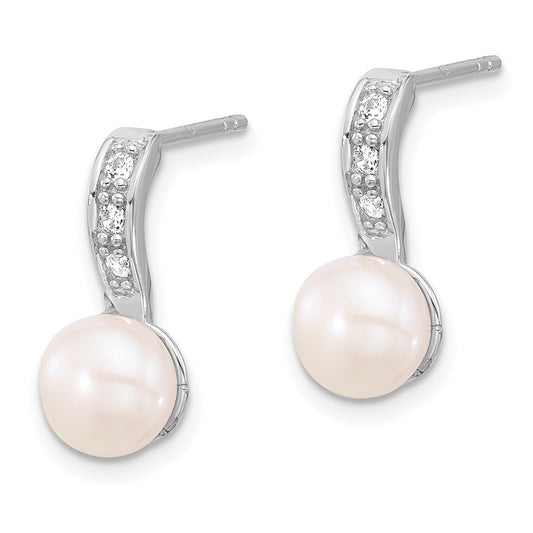 Rhodium-plated Sterling Silver 8-8.5mm Button FWC Pearl CZ Post Earrings