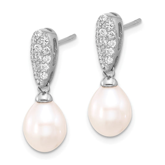 Rhodium-plated Silver 8-9mm FWC Pearl and CZ Post Dangle Earrings