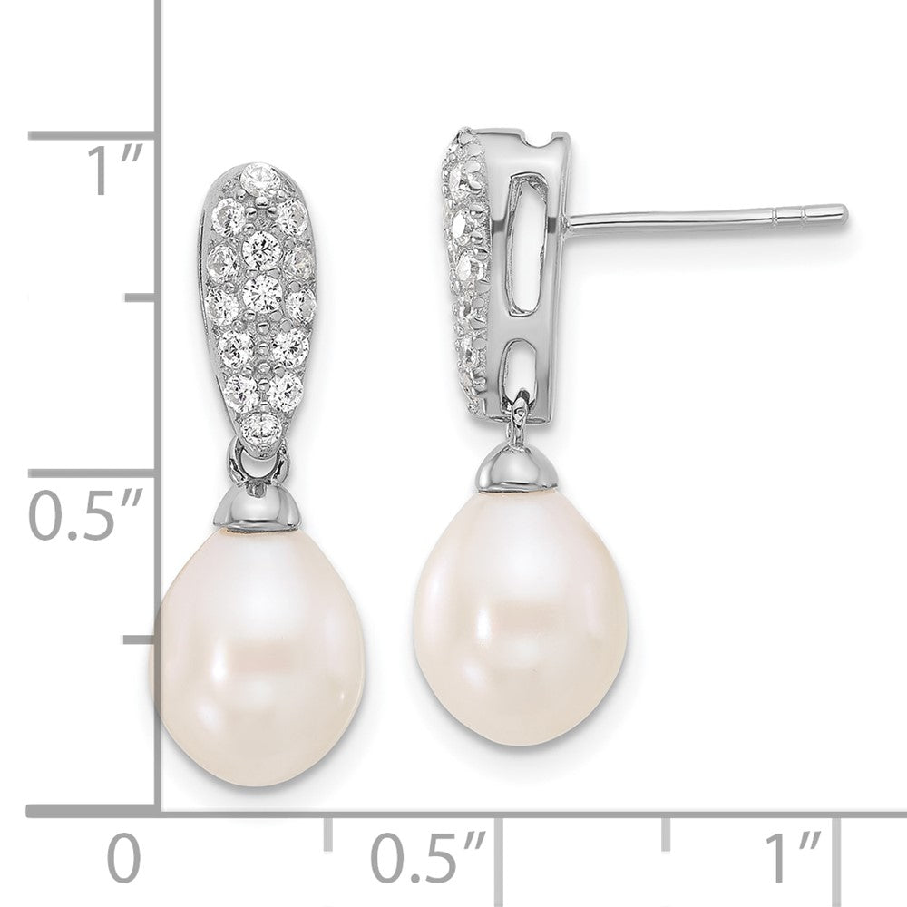 Rhodium-plated Silver 8-9mm FWC Pearl and CZ Post Dangle Earrings