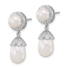 Rhodium-plated Silver 6-8mm FWC Pearl CZ Post Dangle Earrings