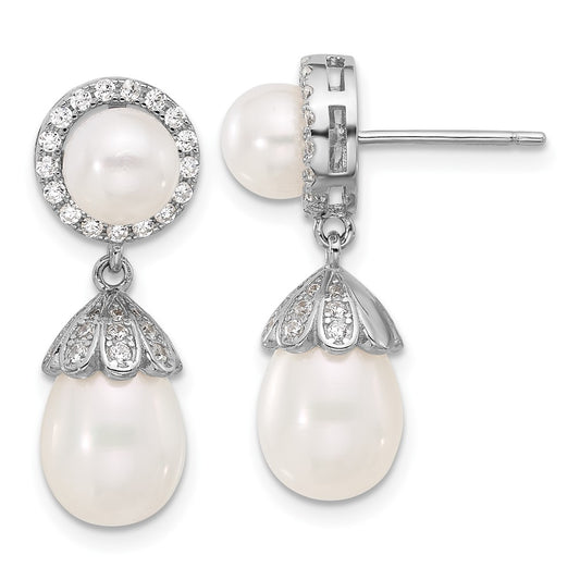Rhodium-plated Silver 6-8mm FWC Pearl CZ Post Dangle Earrings