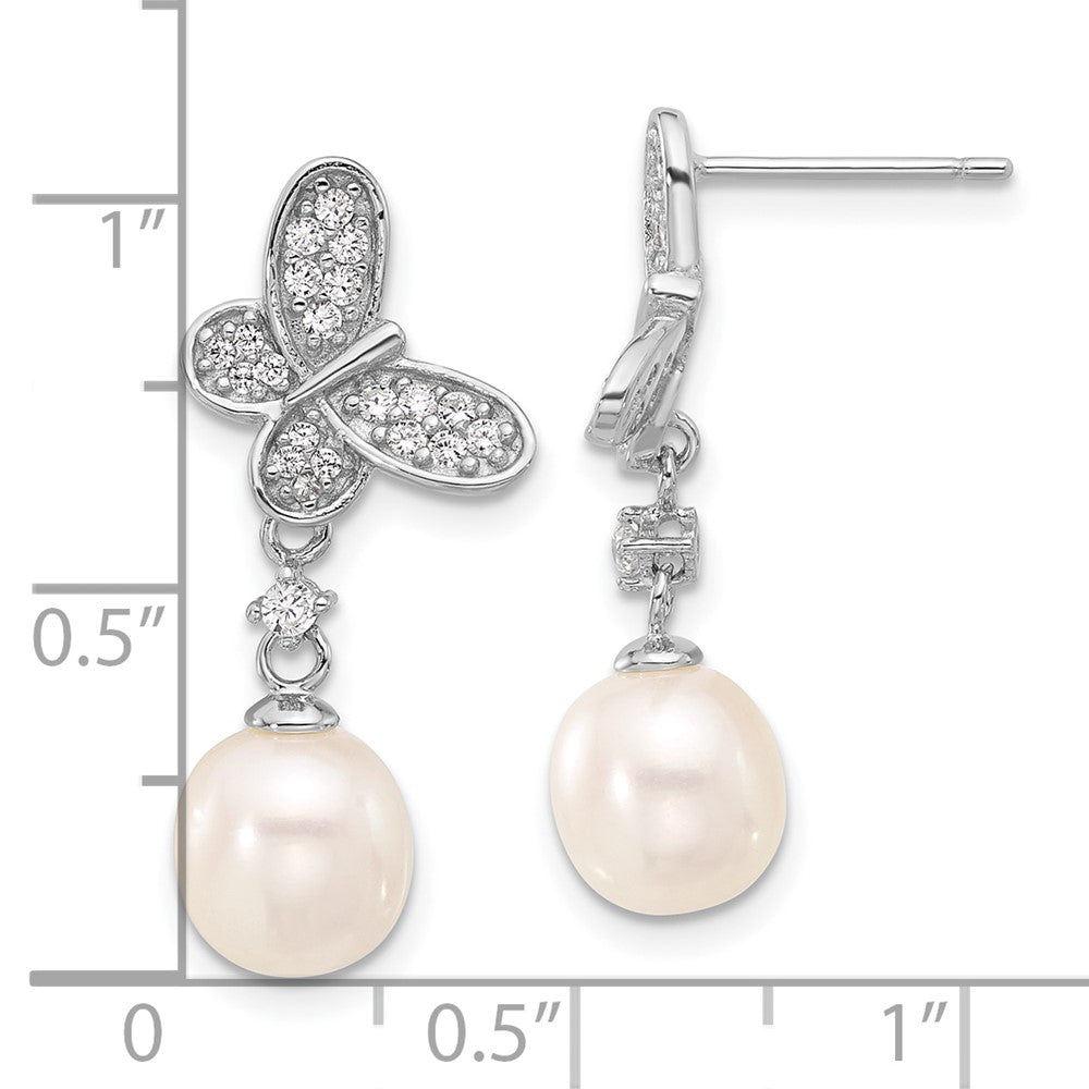 Rhodium-plated Silver 7-8mm FWC Pearl CZ Butterfly Dangle Earrings