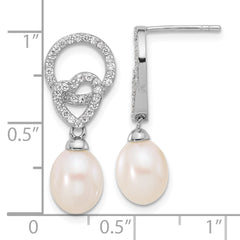 Rhodium-plated Silver 7-8mm FWC Pearl CZ Heart Post Dangle Earrings