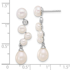 Rhodium-plated Sterling Silver FWC Pearl CZ Post Dangle Earrings