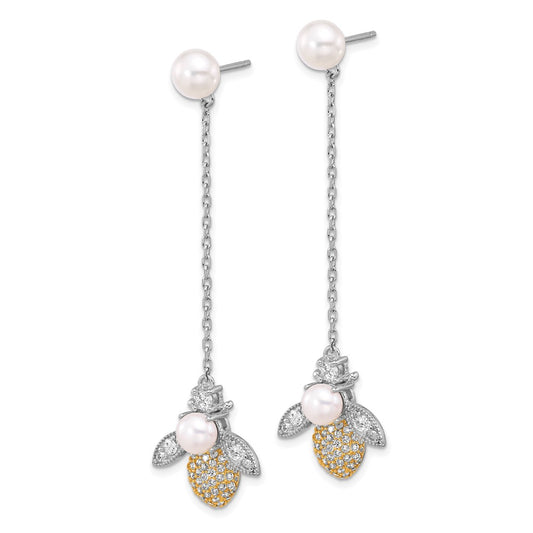 Rhodium-plated Sterling Silver Flash Gold-plated FWC Pearl CZ Bee Dangle Earrings