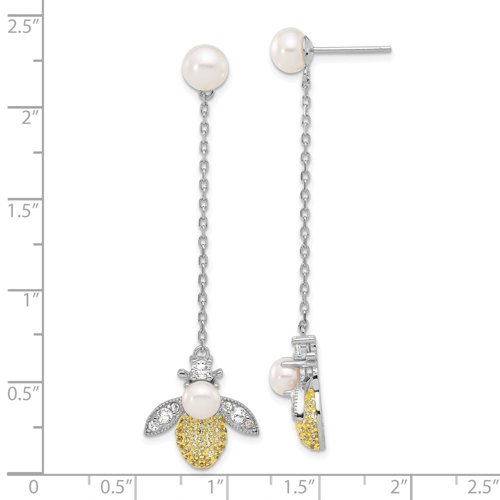 Rhodium-plated Sterling Silver Flash Gold-plated FWC Pearl CZ Bee Dangle Earrings