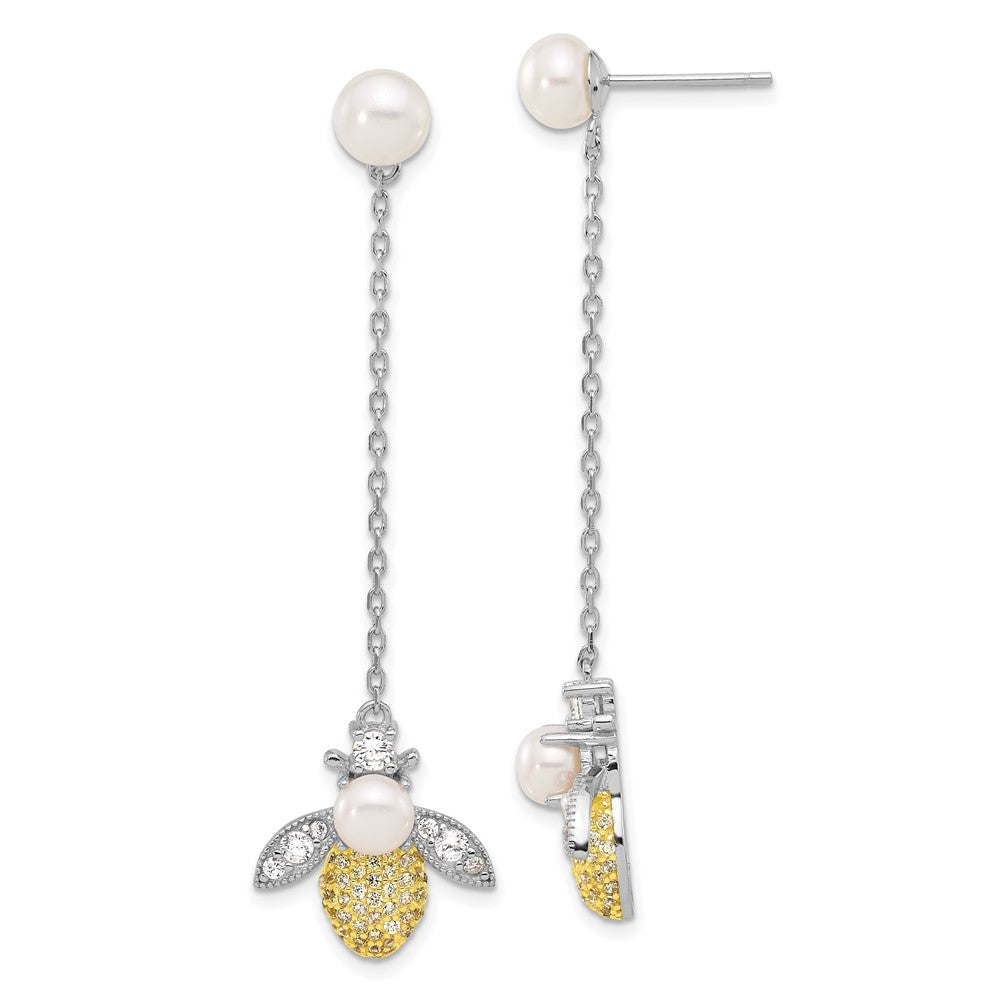 Rhodium-plated Sterling Silver Flash Gold-plated FWC Pearl CZ Bee Dangle Earrings