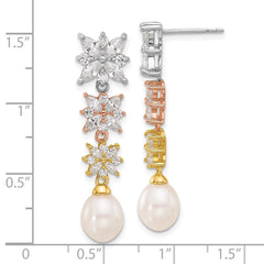 Sterling Silver, Yellow & Rose Gold-plated FWC Pearl CZ Post Dangle Earrings