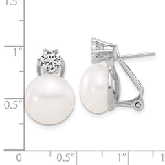 Rhodium-plated Silver 12-13mm FWC Pearl and CZ Omega Back Earrings