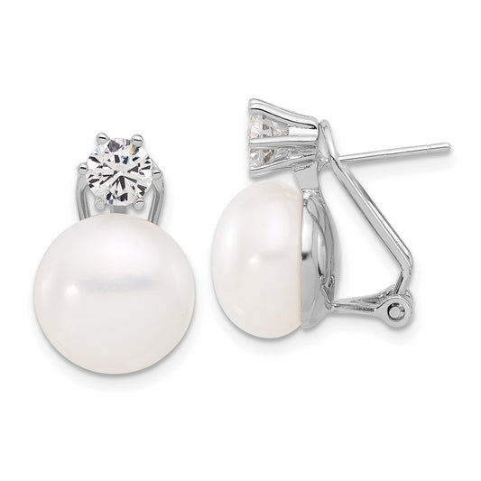 Rhodium-plated Silver 12-13mm FWC Pearl and CZ Omega Back Earrings
