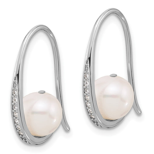Rhodium-plated Silver 8-8.5mm FWC Pearl CZ Shepherd Hook Earrings