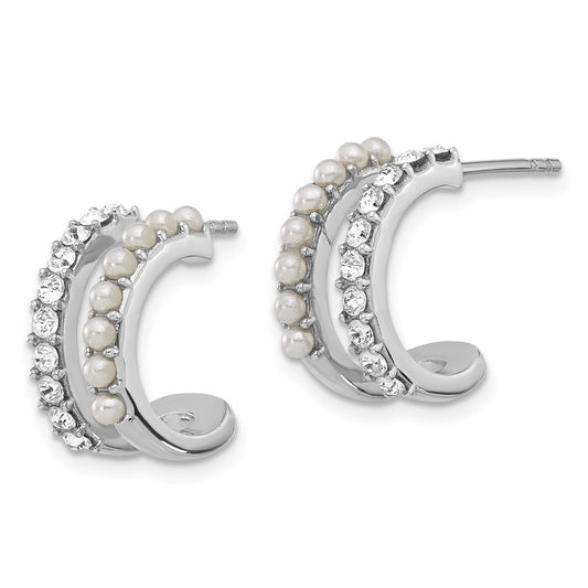 Rhodium-plated Silver FWC Pearl & Crystal Post Double Hoop Post Earrings