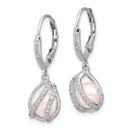 Rhodium-plated Sterling Silver 6-7mm FWC Pearl CZ Leverback Earrings