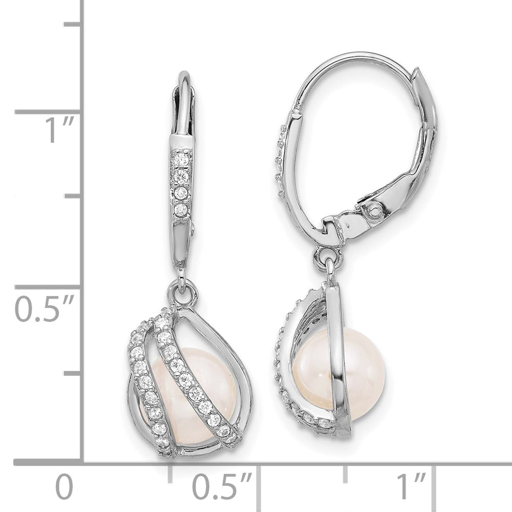 Rhodium-plated Sterling Silver 6-7mm FWC Pearl CZ Leverback Earrings