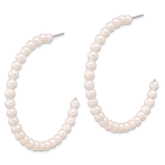 Rhodium-plated Silver 4-5mm White FWC Pearl Post Hoop Earrings