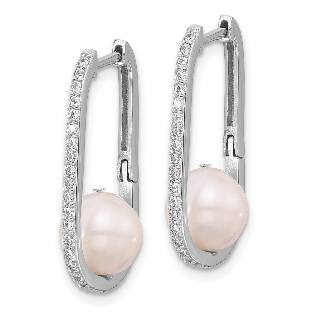 Rhodium-plated Silver 8-8.5mm FWC Pearl and CZ Oval Hoop Earrings