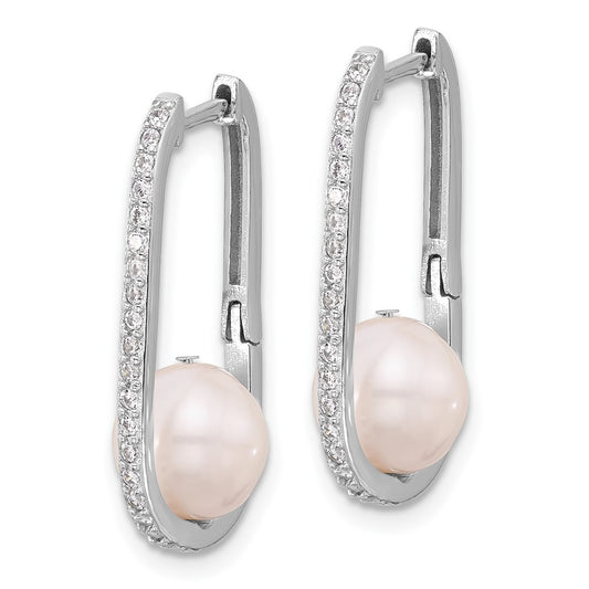 Rhodium-plated Silver 8-8.5mm FWC Pearl and CZ Oval Hoop Earrings