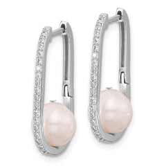 Rhodium-plated Silver 8-8.5mm FWC Pearl and CZ Oval Hoop Earrings