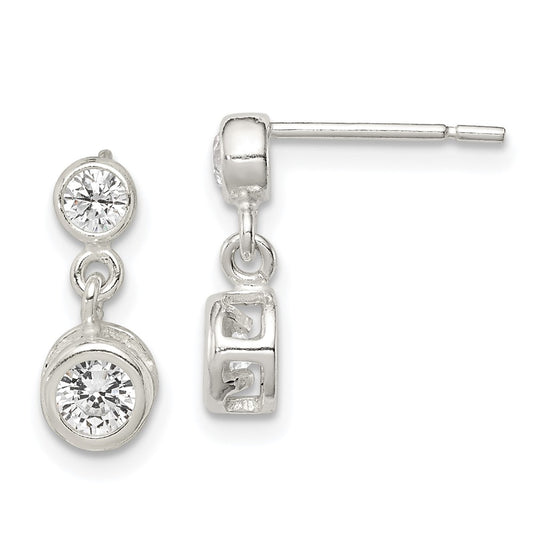 Sterling Silver Polished Round CZ Bezel Set Post Dangle Earrings
