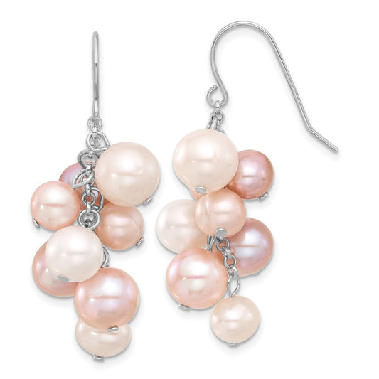 Rhodium-plated Silver 6-10mm Multicolor FWC Pearl Dangle Earrings