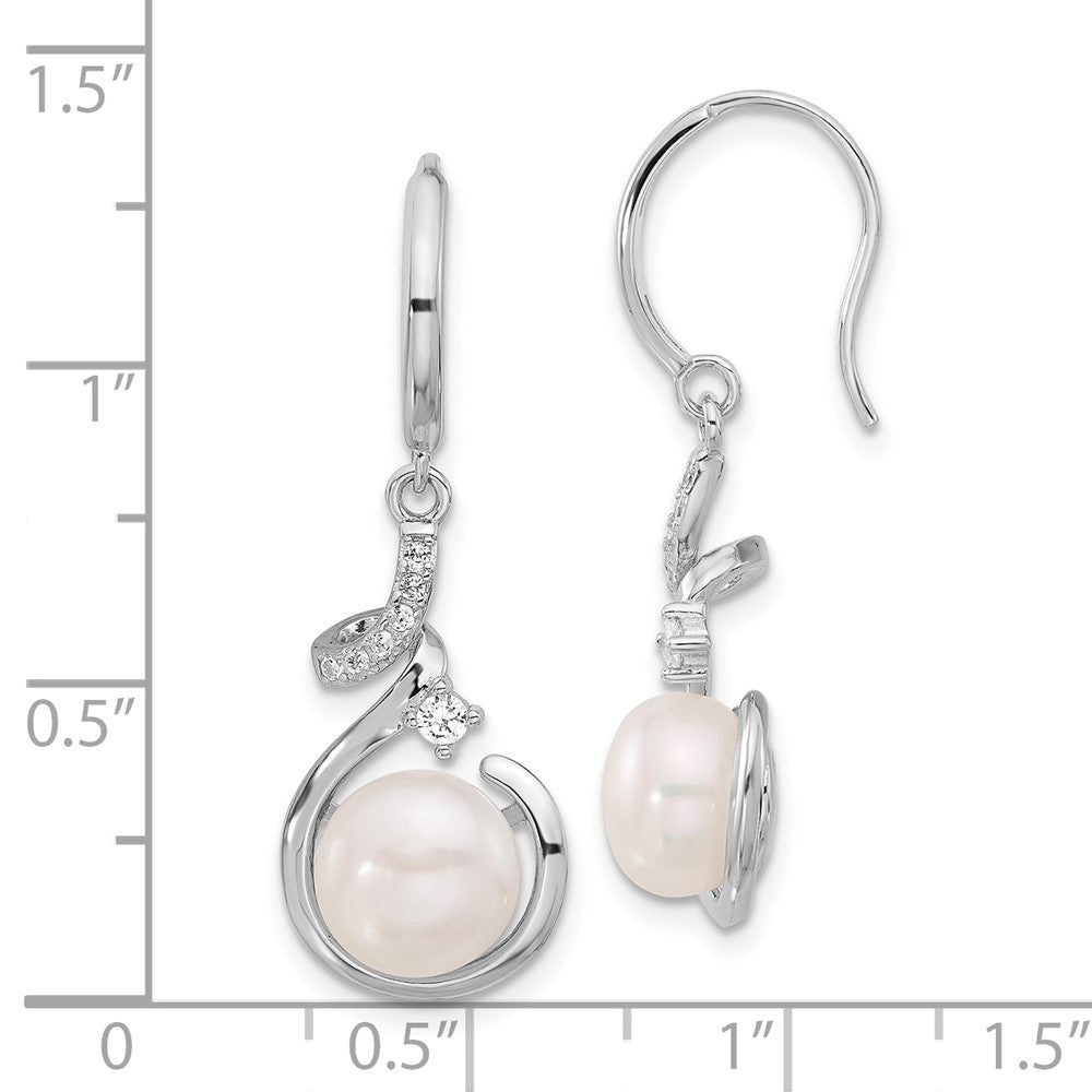 Rhodium-plated Silver 8-8.5mm FWC Pearl CZ Shepherd Hook Earrings