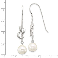 Sterling Silver Polished Knot 10mm Glass Pearl Dangle Earrings