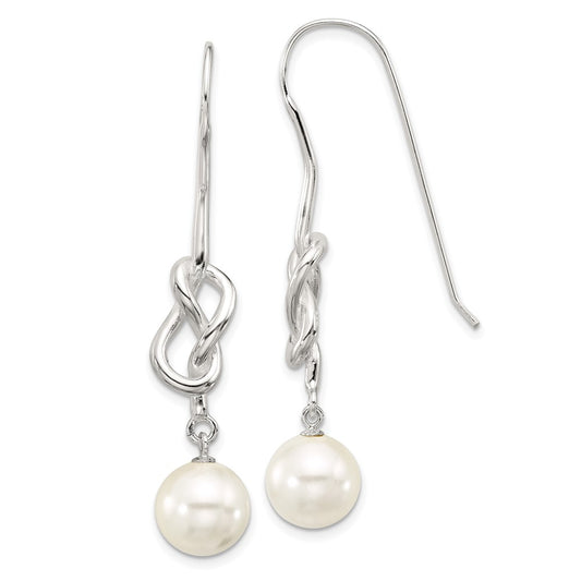 Sterling Silver Polished Knot 10mm Glass Pearl Dangle Earrings