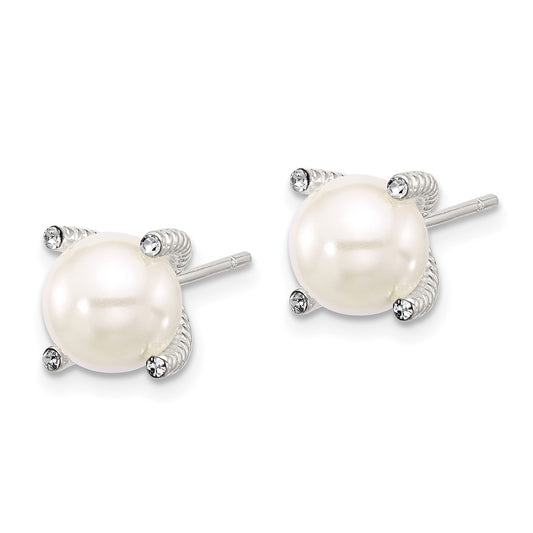 Sterling Silver Polished CZ and Synthetic Pearl Stud Earrings