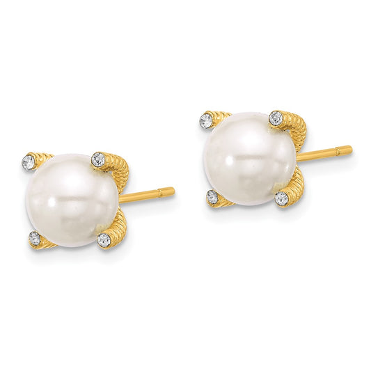 Yellow Gold-plated Sterling Silver CZ and Synthetic Pearl Stud Earrings