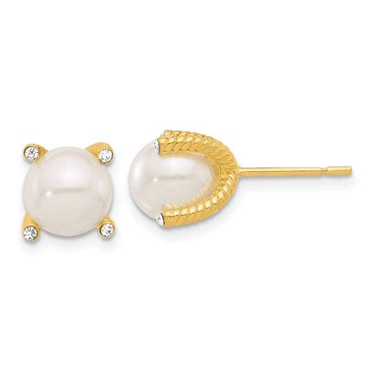 Yellow Gold-plated Sterling Silver CZ and Synthetic Pearl Stud Earrings