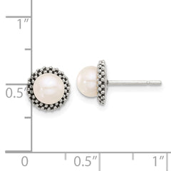 Sterling Silver Antiqued Beaded Synthetic Pearl Post Button Earrings