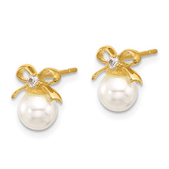 Yellow Gold-plated Sterling Silver Polished CZ and Synthetic Pearl Bow Earrings