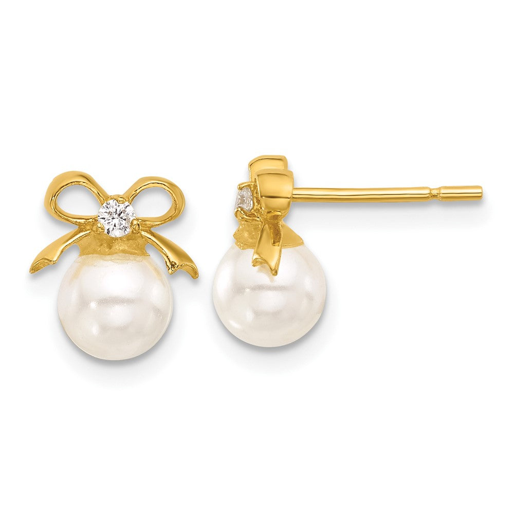 Yellow Gold-plated Sterling Silver Polished CZ and Synthetic Pearl Bow Earrings