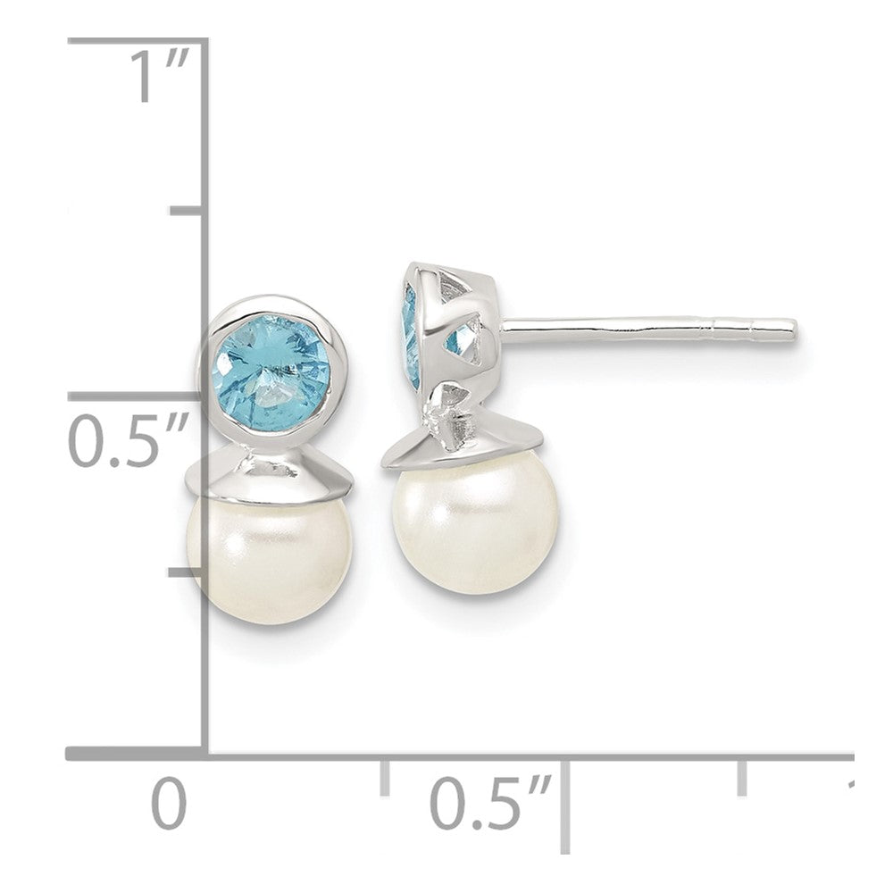Sterling Silver Polished Blue CZ & 6mm Glass Pearl Post Earrings