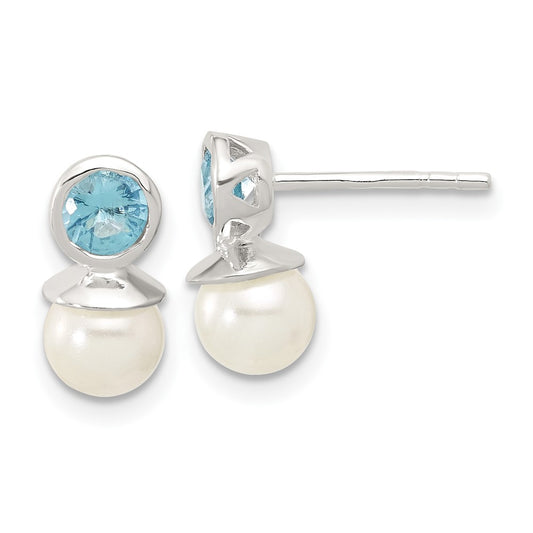 Sterling Silver Polished Blue CZ & 6mm Glass Pearl Post Earrings