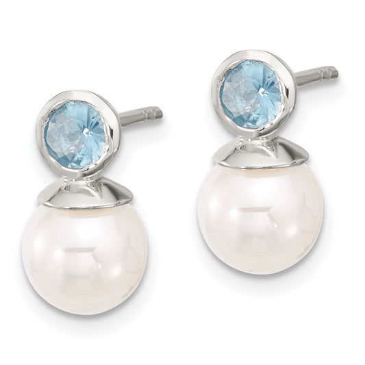 Sterling Silver Polished Blue 5mm CZ & 8mm Glass Pearl Post Earrings