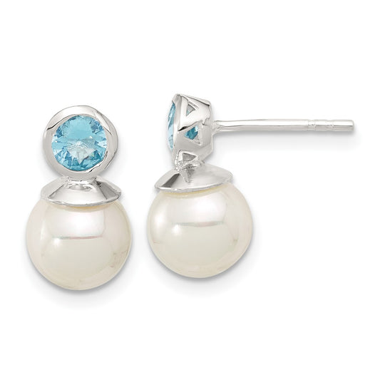 Sterling Silver Polished Blue 5mm CZ & 8mm Glass Pearl Post Earrings