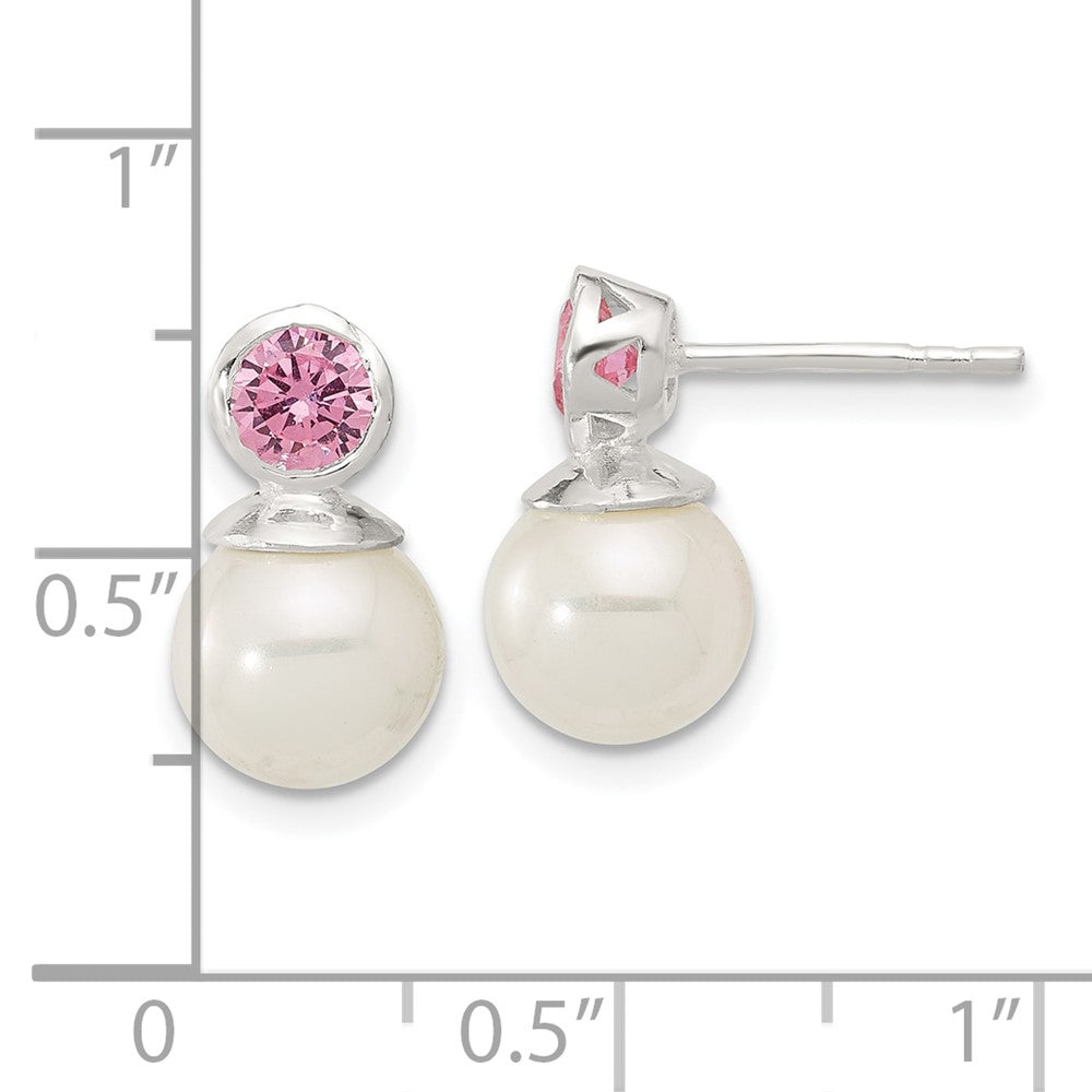 Sterling Silver Polished Pink 5mm CZ and 8mm Glass Pearl Post Earrings