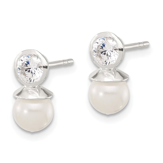 Sterling Silver Polished 3mm CZ and 6mm Glass Pearl Post Earrings